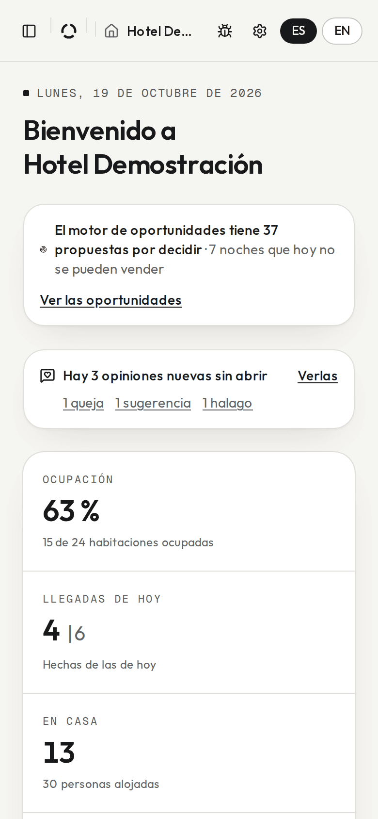 El panel del día de la demostración en un móvil: la ocupación, las llegadas de hoy y quién está en casa