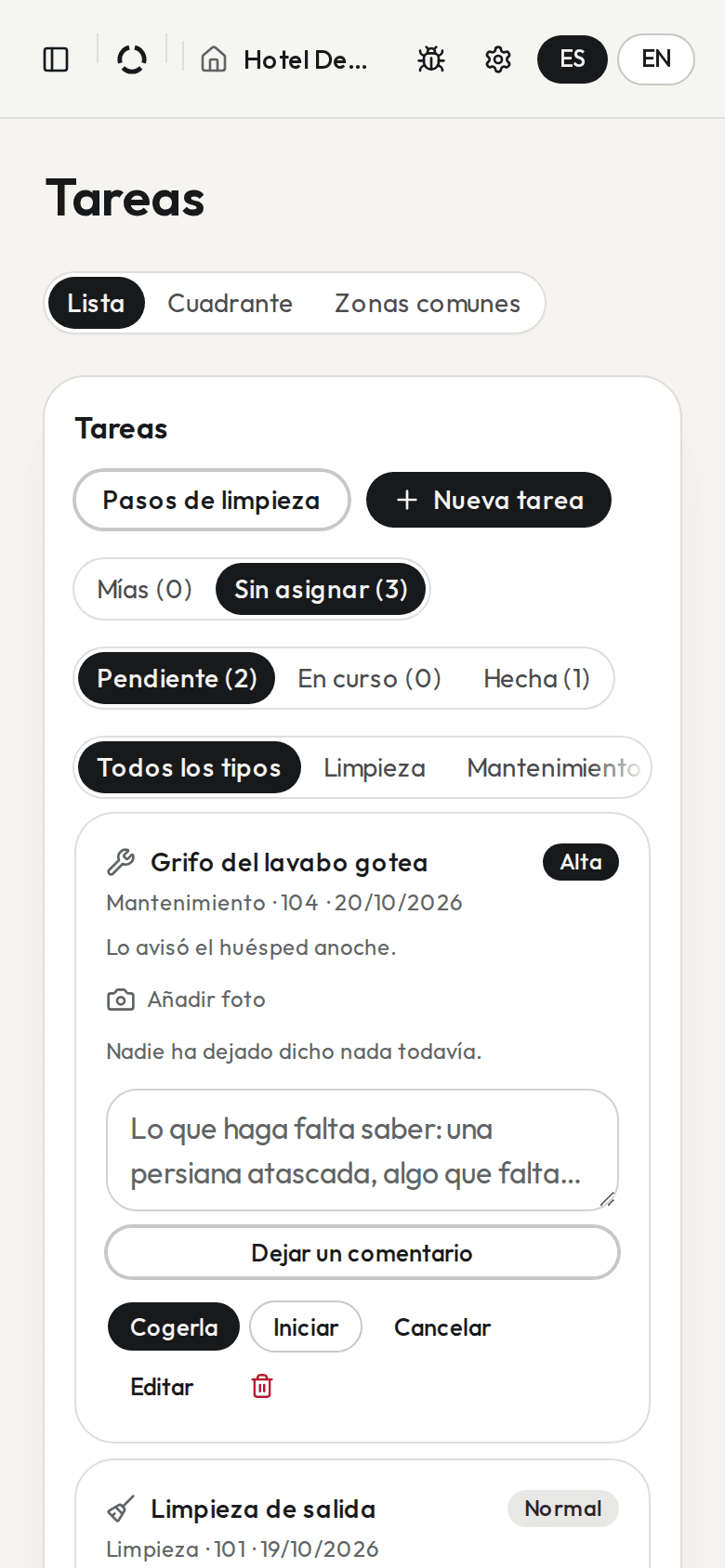 Las tareas de limpieza en un móvil, con sus filtros y la primera tarea pendiente