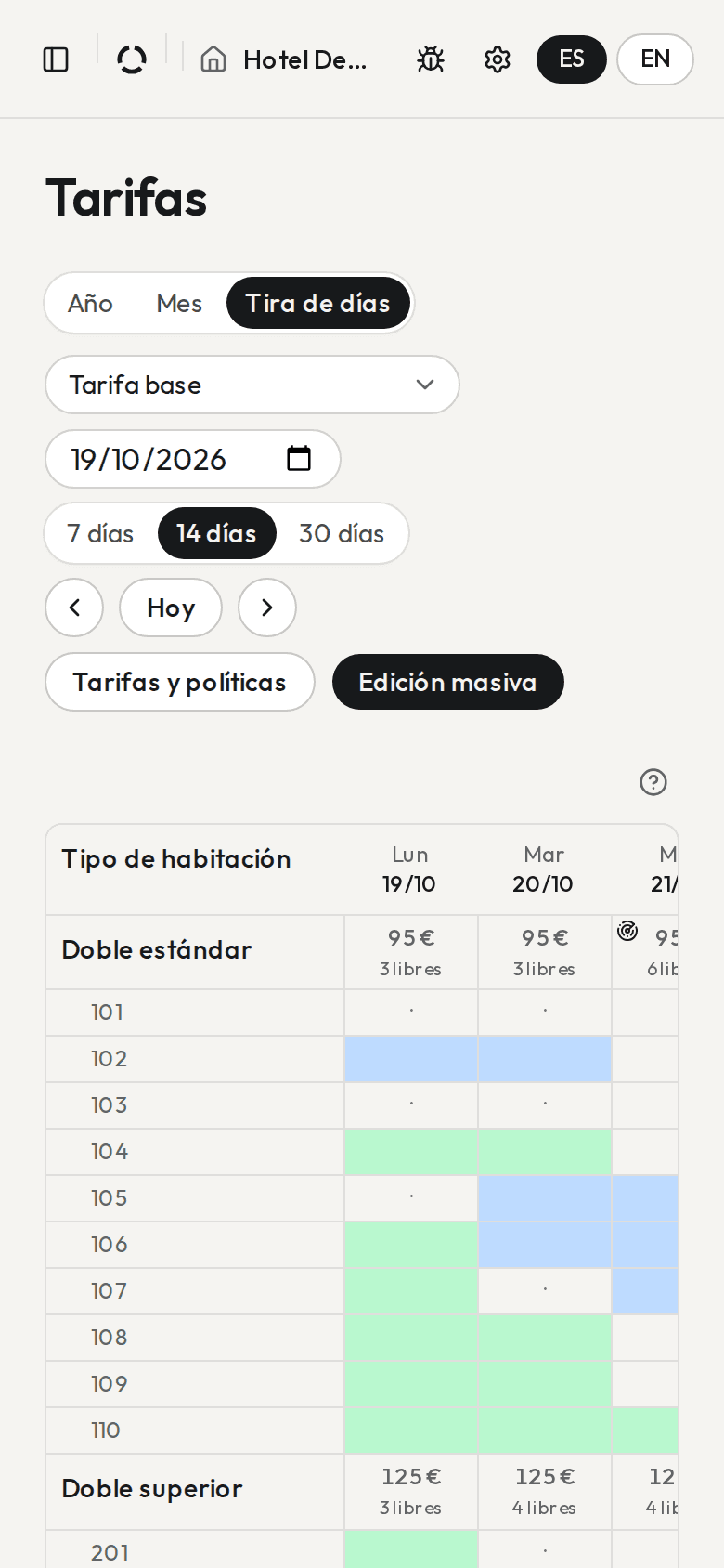 La tira de tarifas en un móvil: el precio y las habitaciones libres de cada día